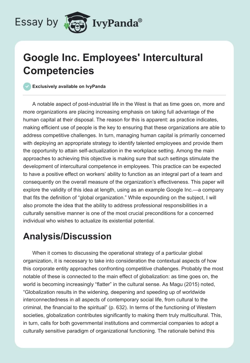 Google Inc. Employees' Intercultural Competencies. Page 1