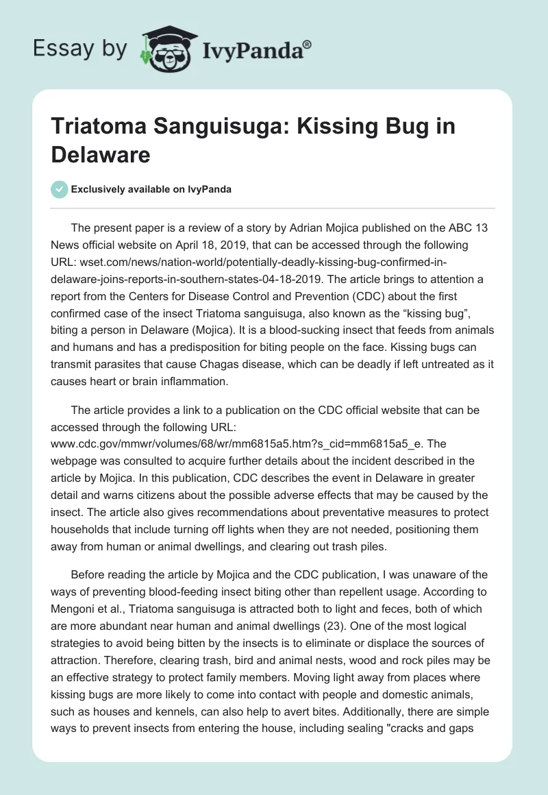 Triatoma Sanguisuga: Kissing Bug in Delaware. Page 1