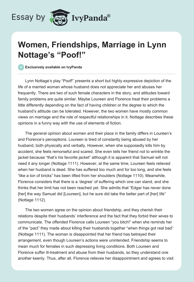 Women, Friendships, Marriage in Lynn Nottage’s “Poof!”. Page 1
