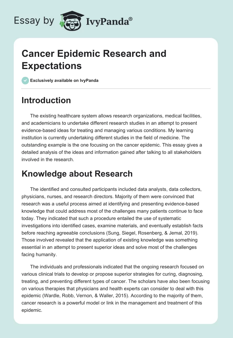 Cancer Epidemic Research and Expectations. Page 1