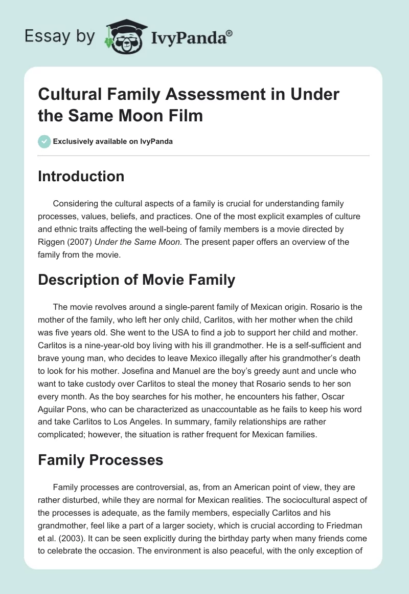 Cultural Family Assessment in "Under the Same Moon" Film. Page 1