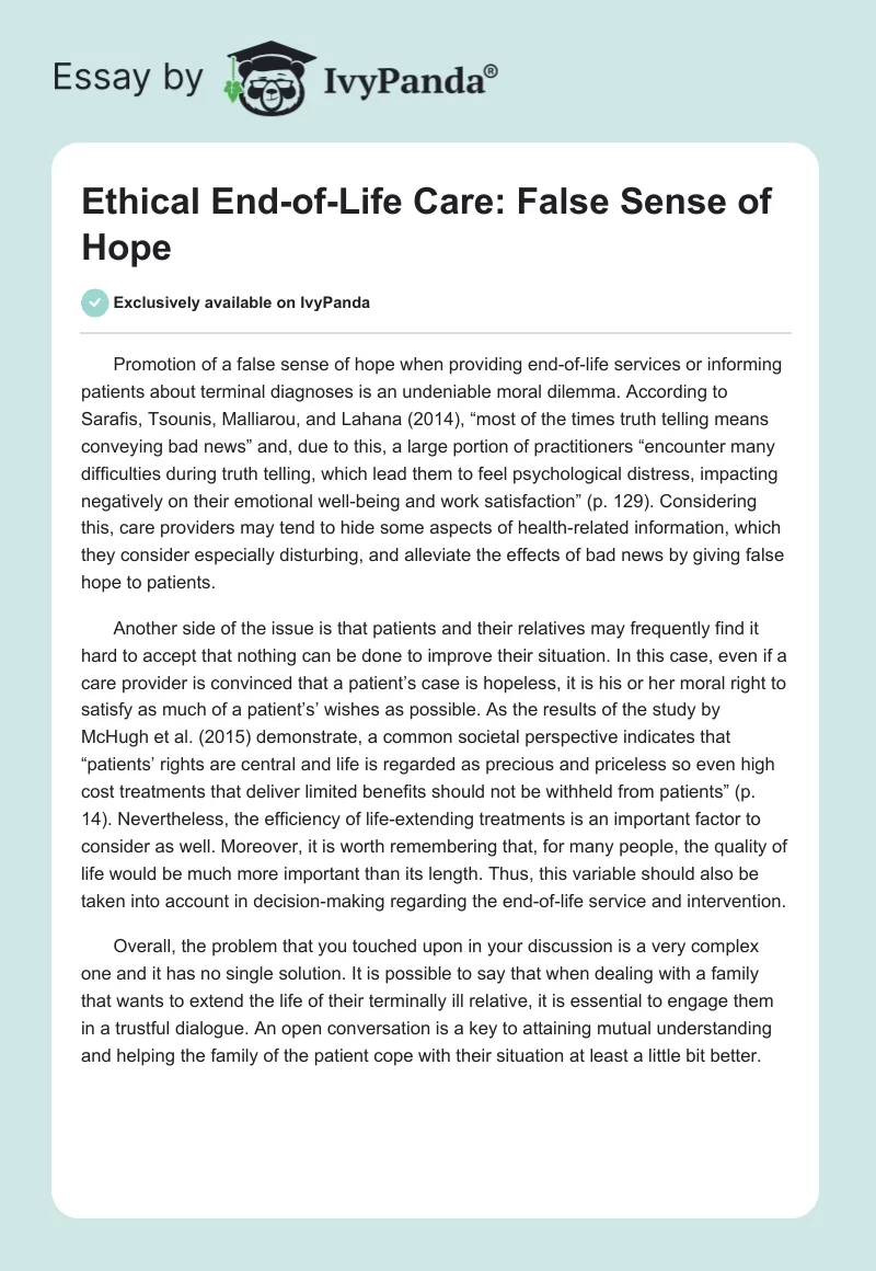 Ethical End-of-Life Care: False Sense of Hope. Page 1