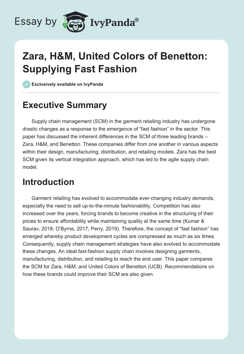Zara, H&M, Colors of Benetton: Supply Chain - 889 Words | Report Example