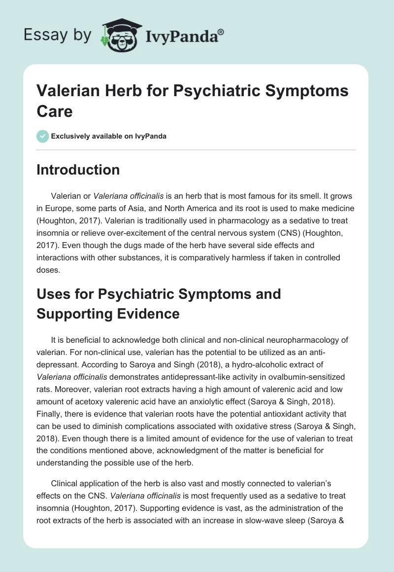 Valerian Herb for Psychiatric Symptoms Care. Page 1