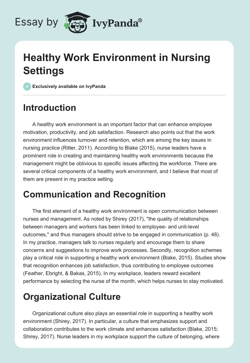 Healthy Work Environment in Nursing Settings. Page 1