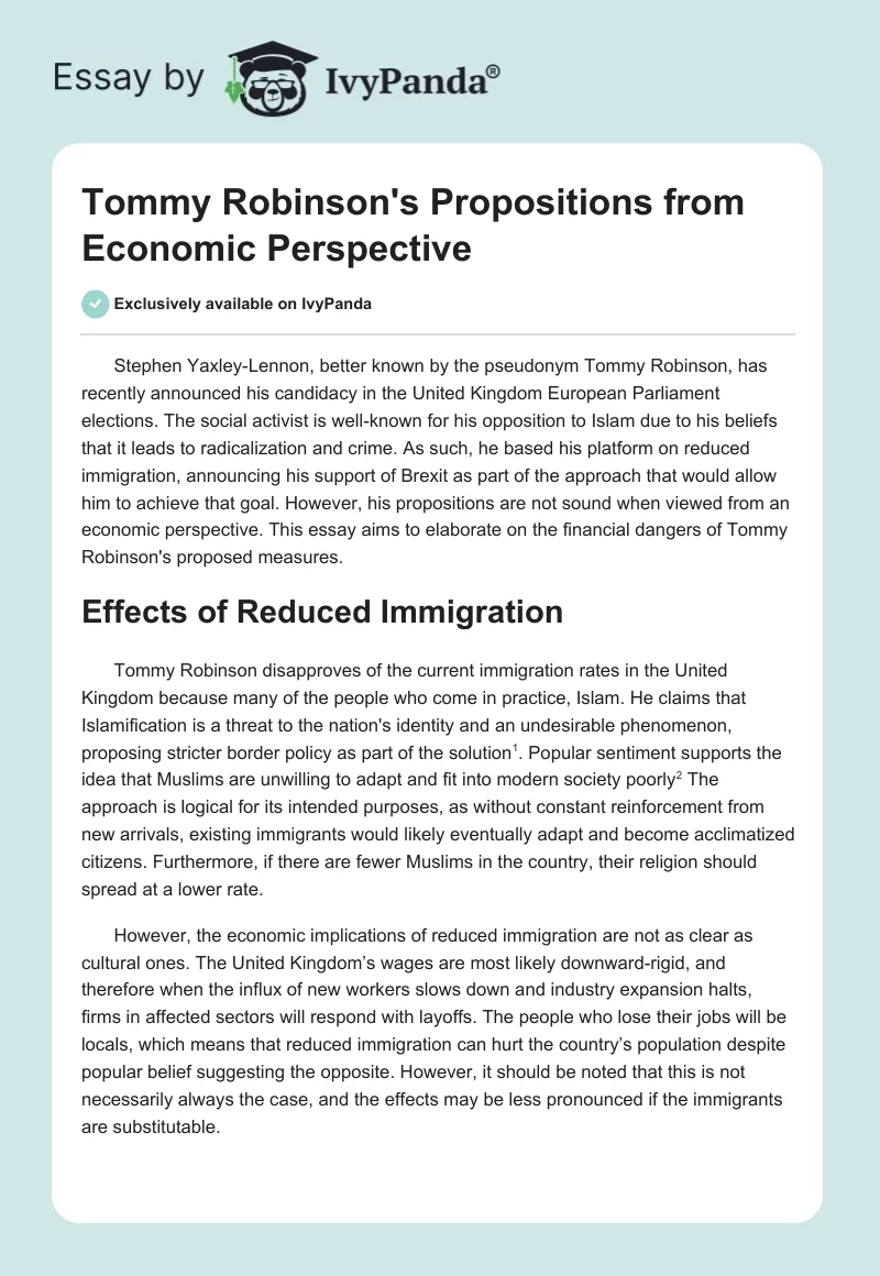 Tommy Robinson's Propositions from Economic Perspective. Page 1