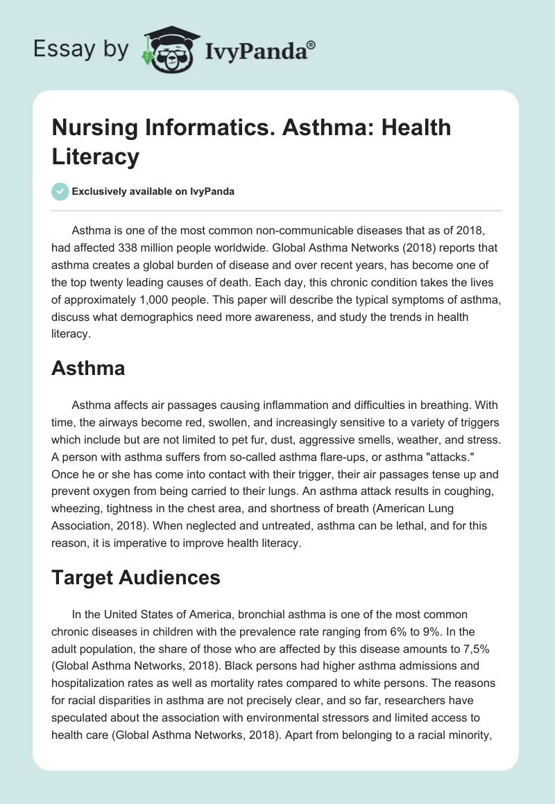Nursing Informatics. Asthma: Health Literacy. Page 1