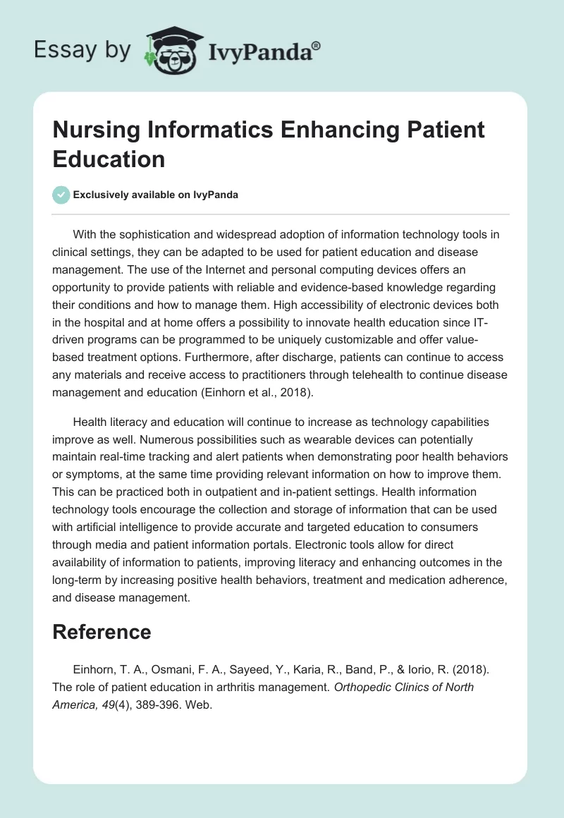 Nursing Informatics Enhancing Patient Education. Page 1