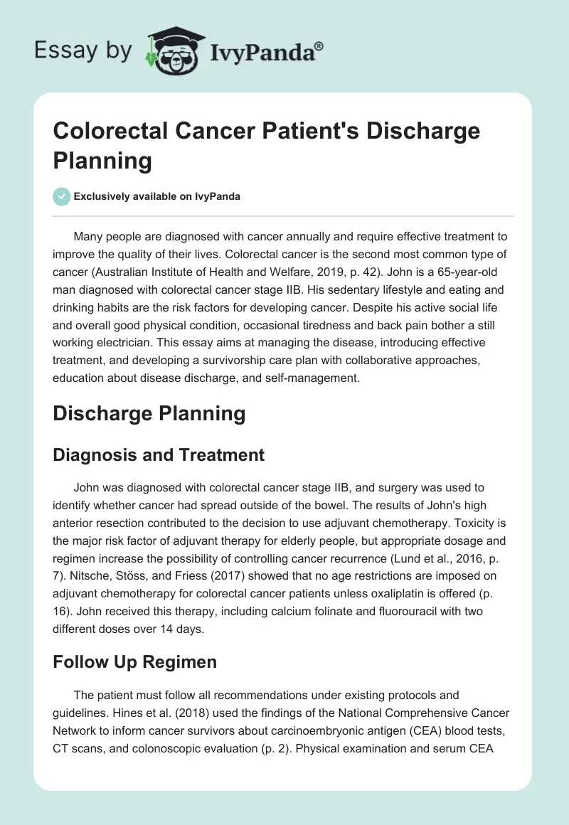 Colorectal Cancer Patient's Discharge Planning. Page 1