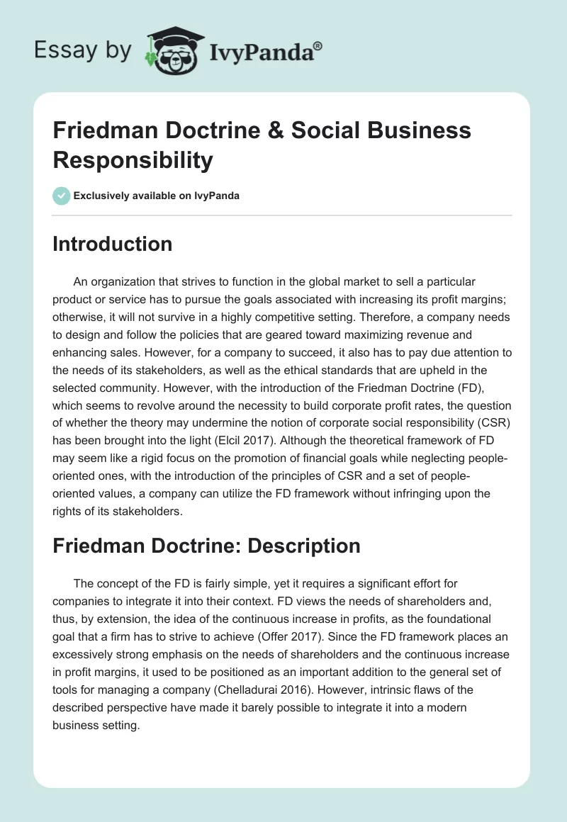 Friedman Doctrine & Social Business Responsibility. Page 1