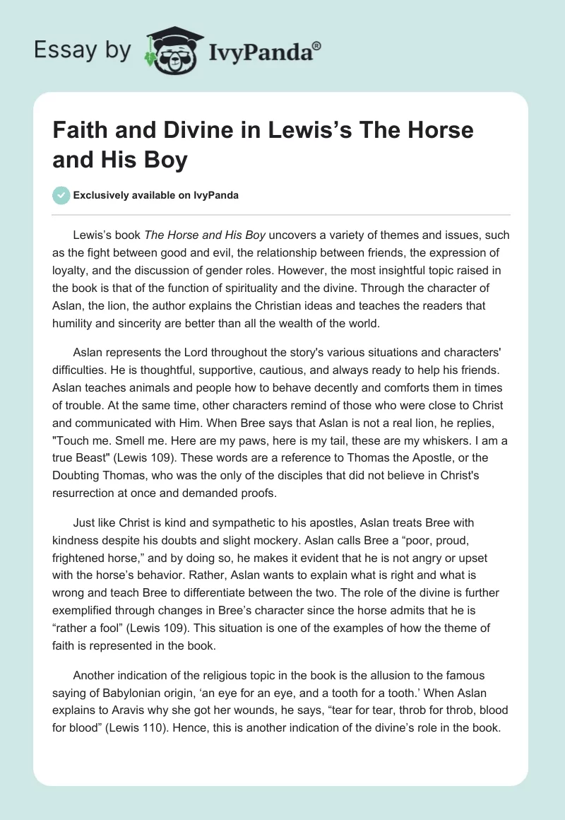Faith and Divine in Lewis’s The Horse and His Boy. Page 1
