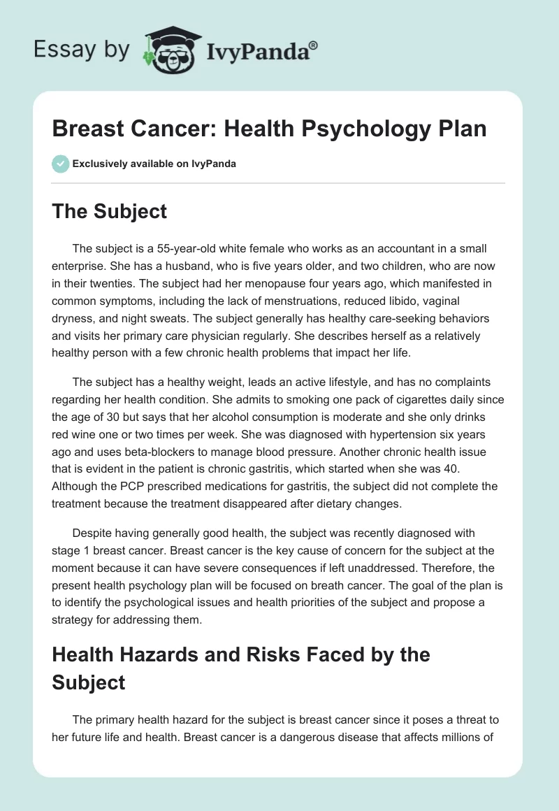 Breast Cancer: Health Psychology Plan. Page 1