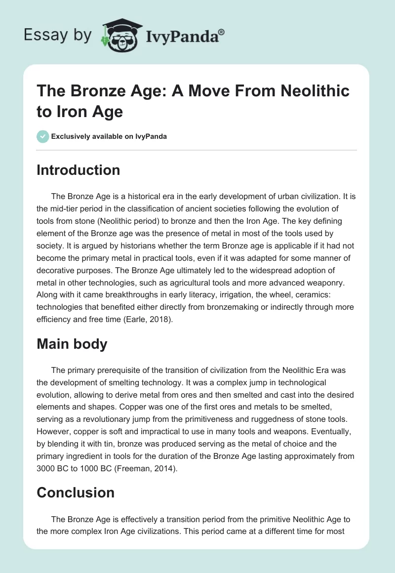 The Bronze Age: A Move From Neolithic to Iron Age. Page 1