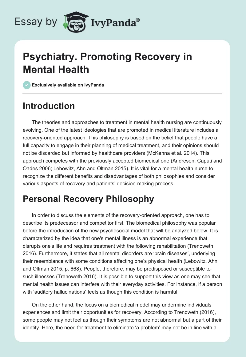 Psychiatry. Promoting Recovery in Mental Health. Page 1