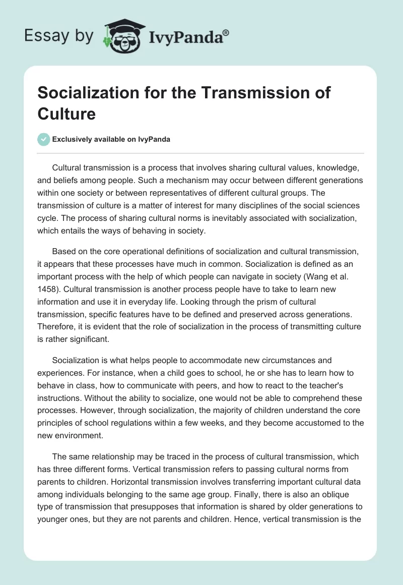 Socialization for the Transmission of Culture. Page 1