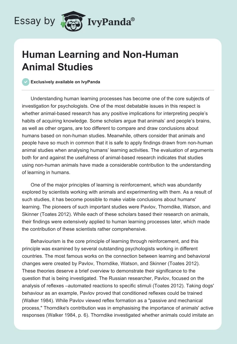 Human Learning and Non-Human Animal Studies. Page 1