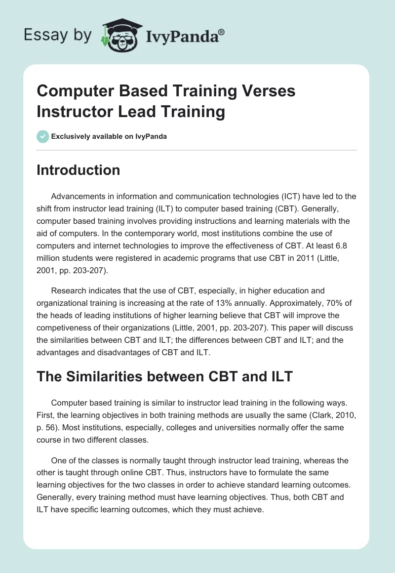 Computer Based Training Verses Instructor Lead Training. Page 1