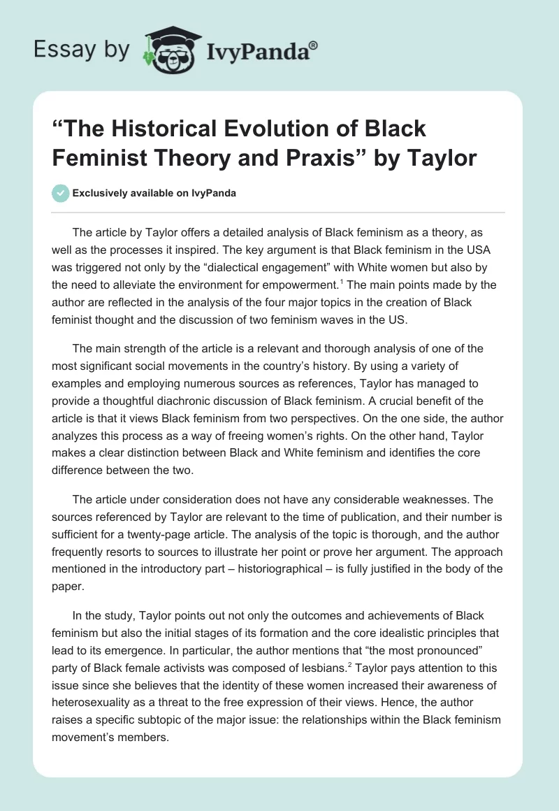 “The Historical Evolution of Black Feminist Theory and Praxis” by Taylor. Page 1