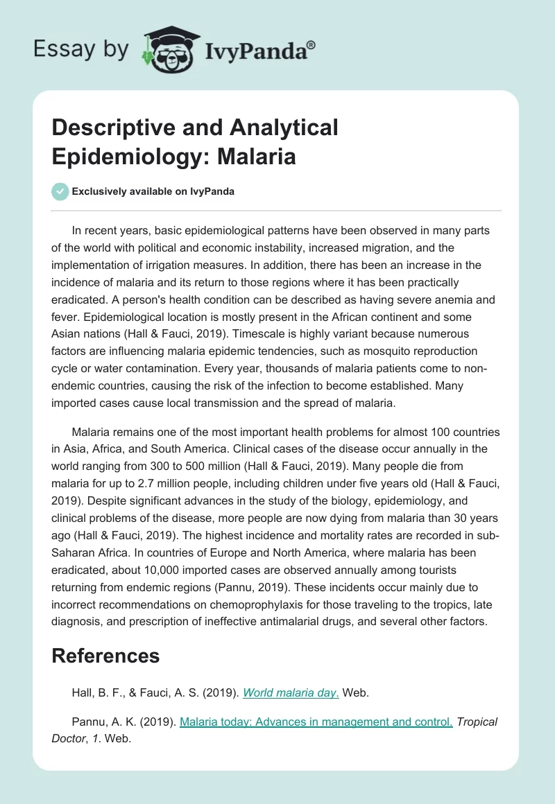 Descriptive and Analytical Epidemiology: Malaria. Page 1
