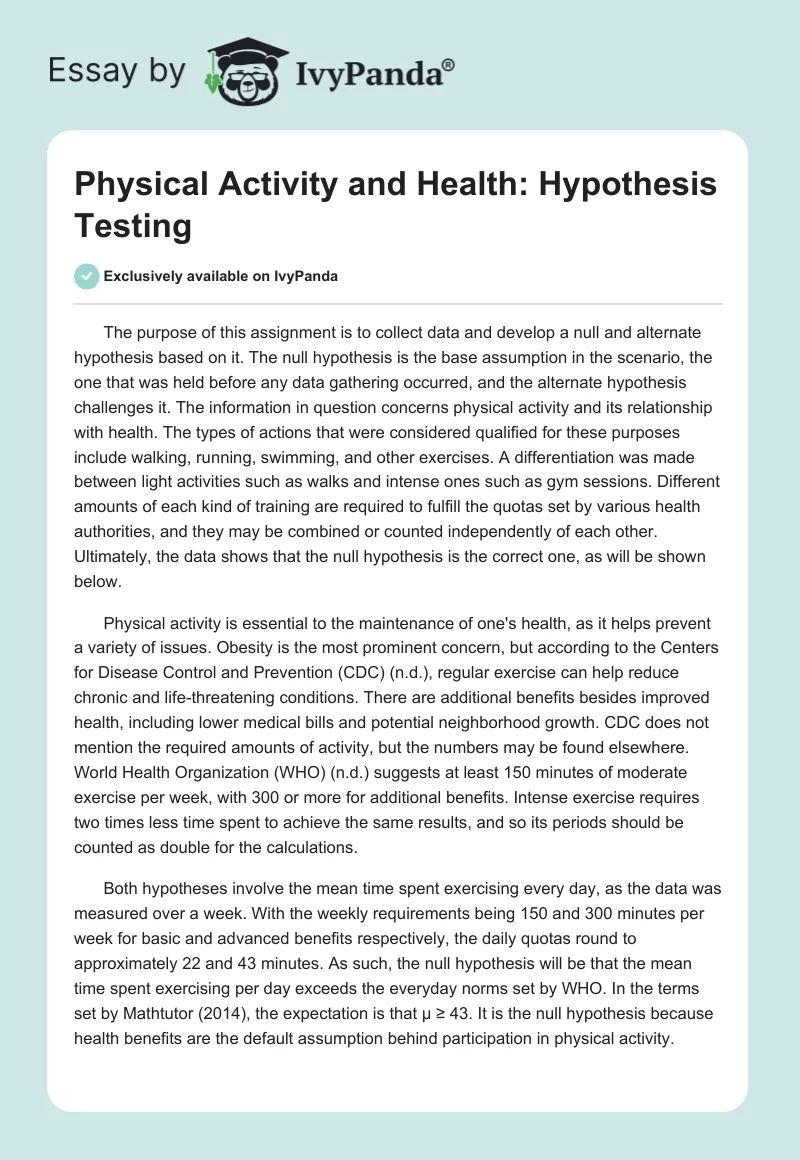 Physical Activity and Health: Hypothesis Testing. Page 1