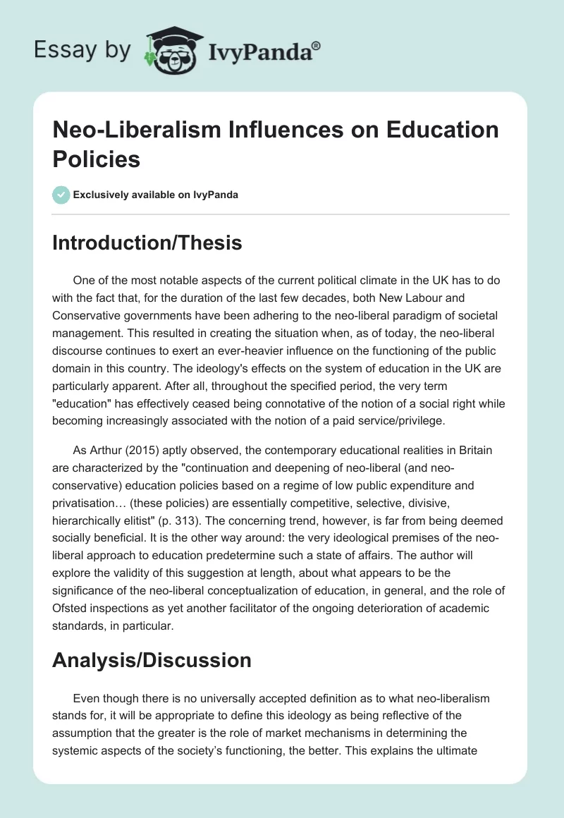 Neo-Liberalism Influences on Education Policies. Page 1