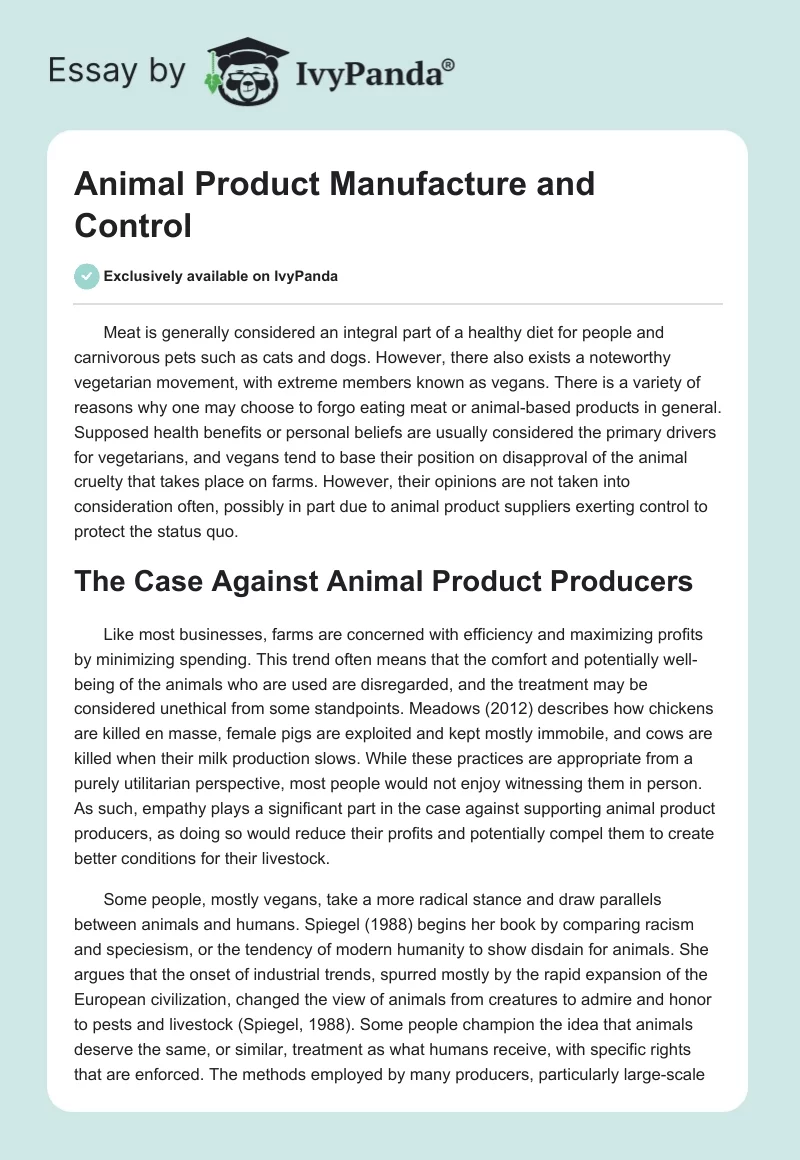 Animal Product Manufacture and Control. Page 1