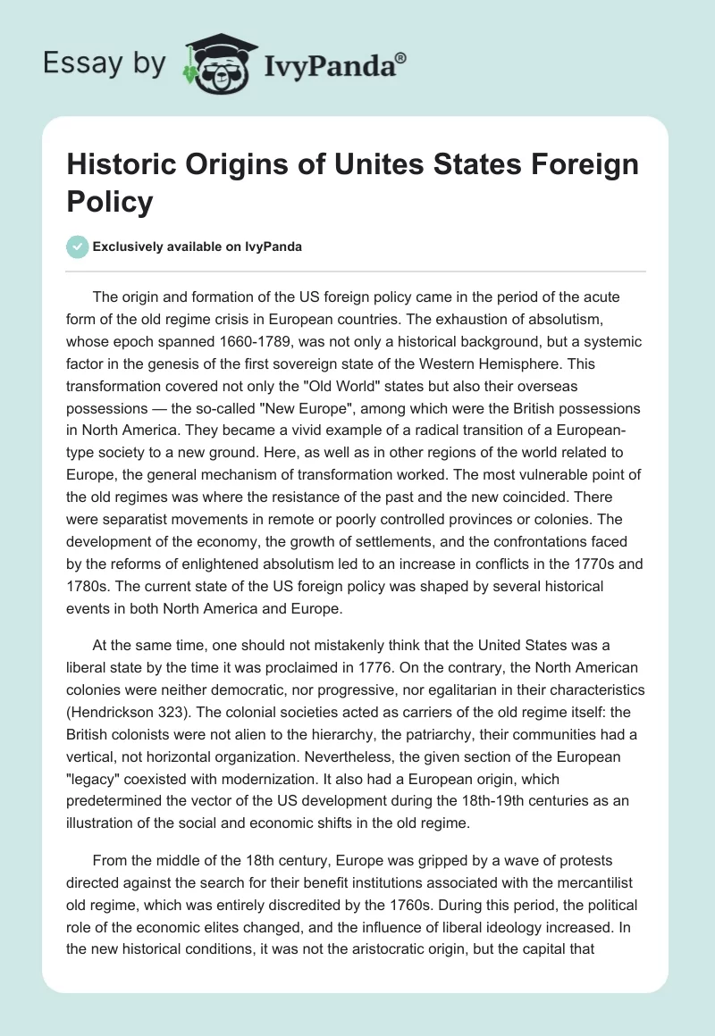 Historic Origins of Unites States Foreign Policy. Page 1