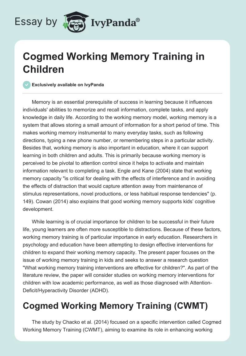 Cogmed Working Memory Training in Children. Page 1