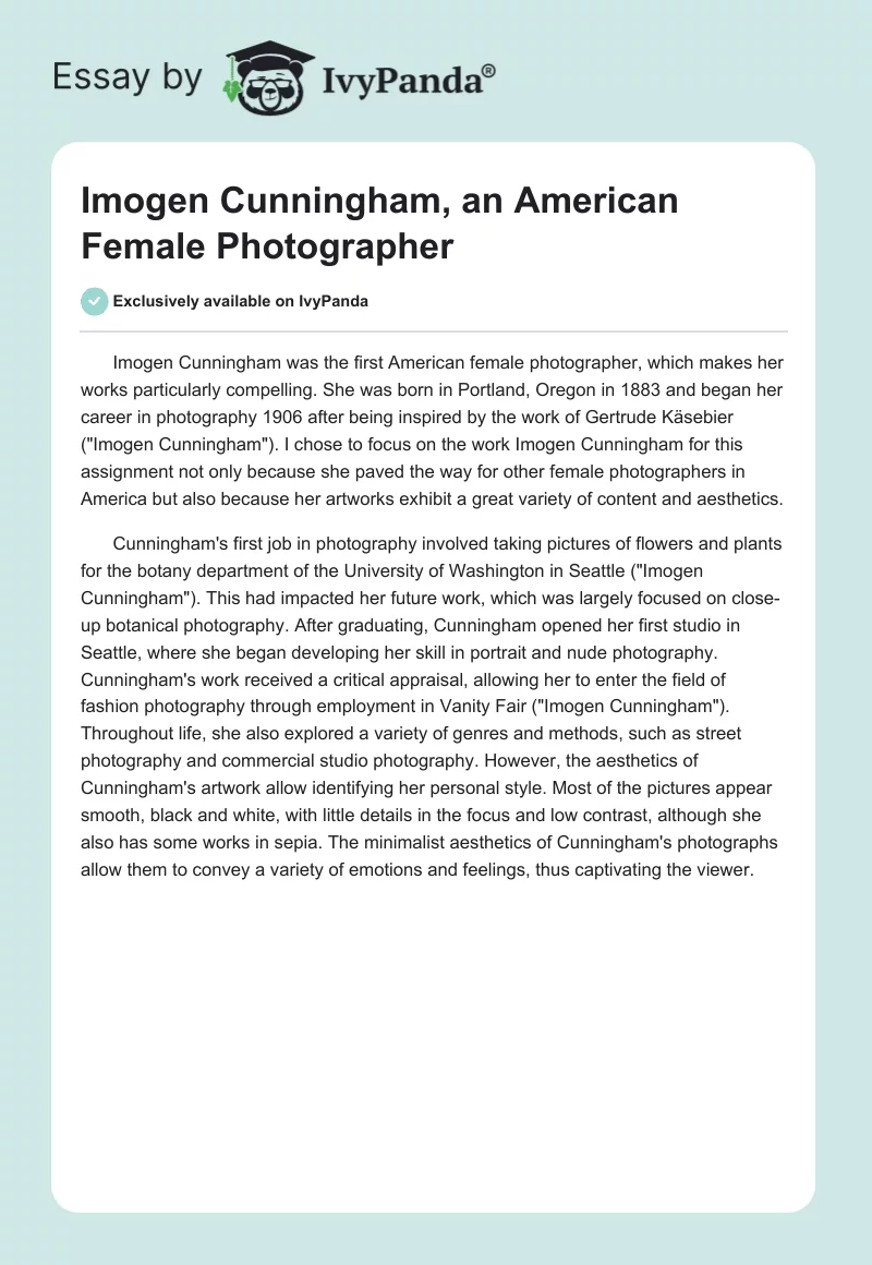 Imogen Cunningham, an American Female Photographer. Page 1