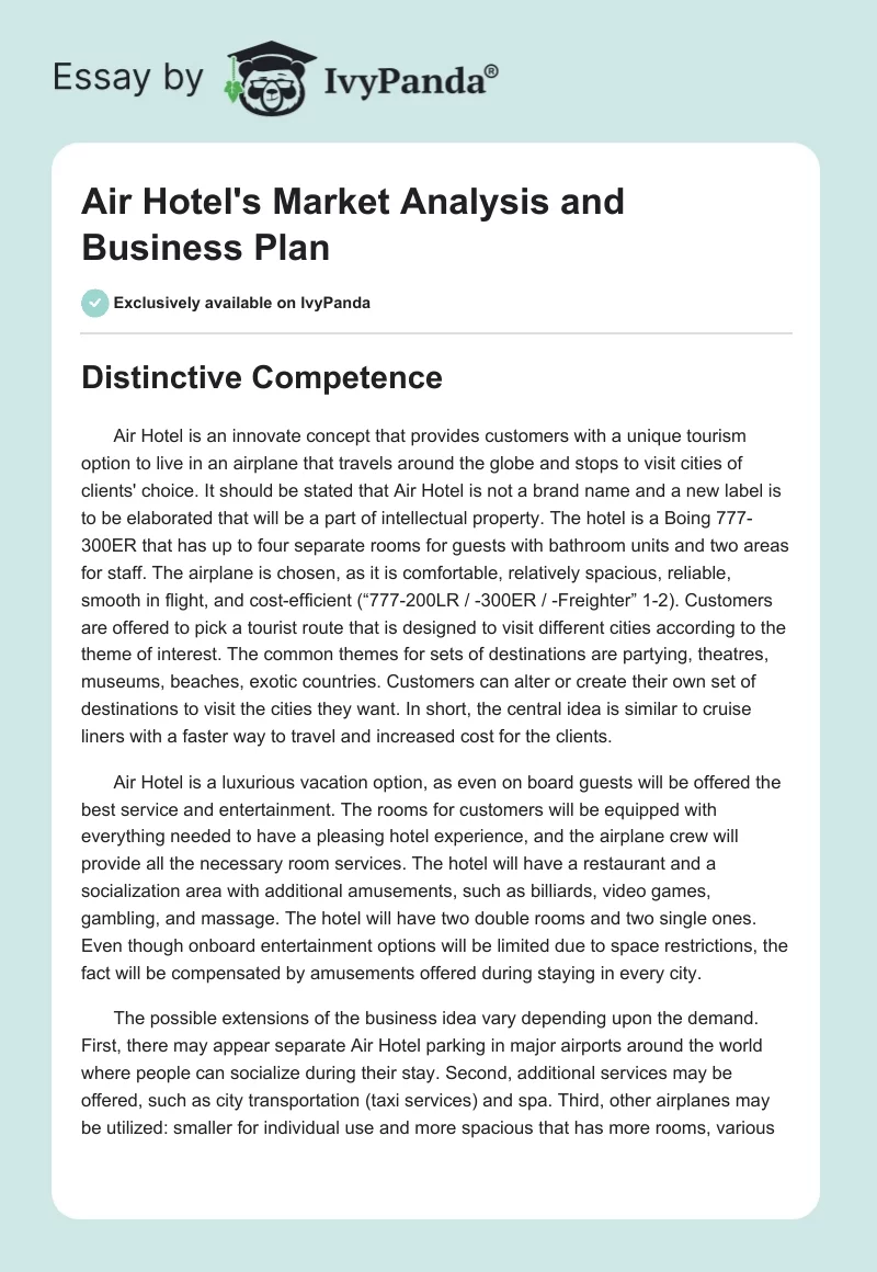 Air Hotel's Market Analysis and Business Plan. Page 1