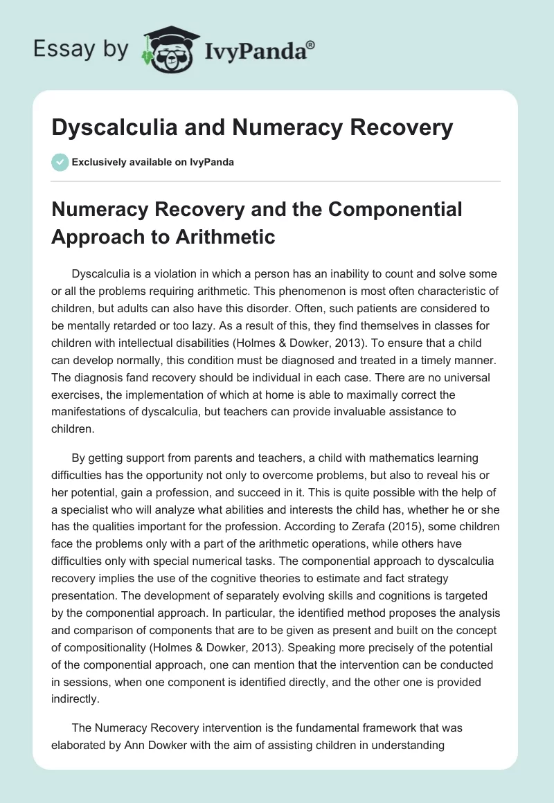Dyscalculia and Numeracy Recovery. Page 1
