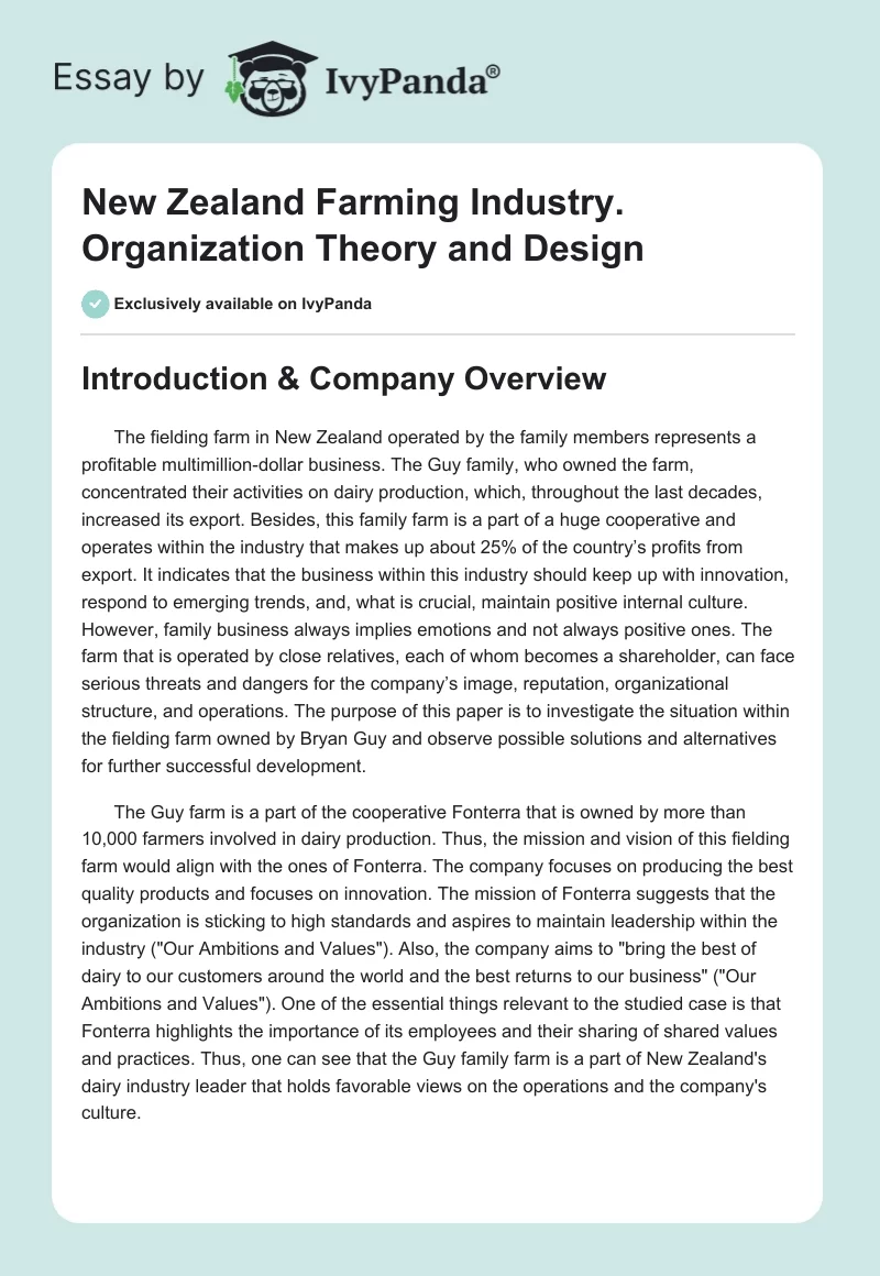 New Zealand Farming Industry. Organization Theory and Design. Page 1