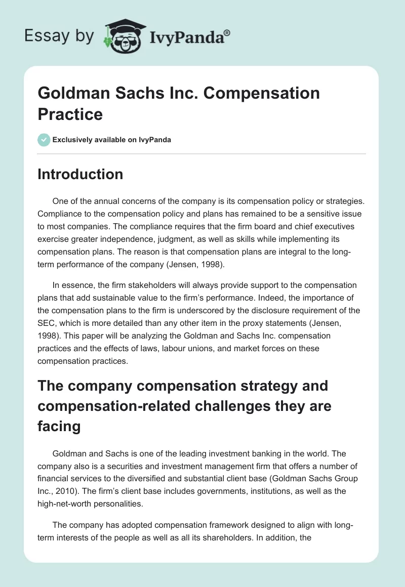 Goldman Sachs Inc. Compensation Practice. Page 1