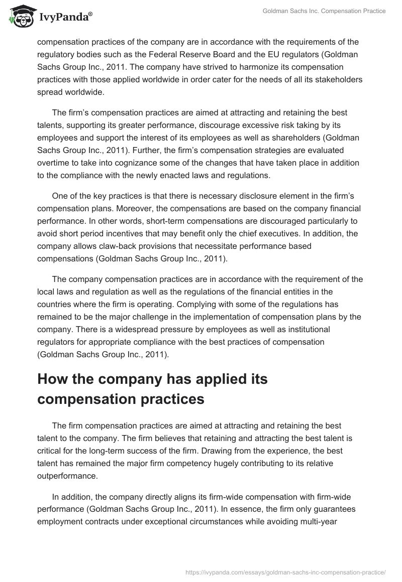 Goldman Sachs Inc. Compensation Practice. Page 2