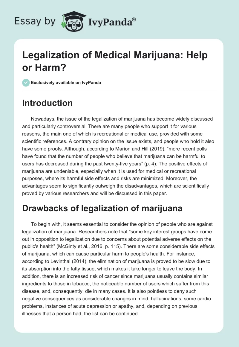 Legalization of Medical Marijuana: Help or Harm?. Page 1