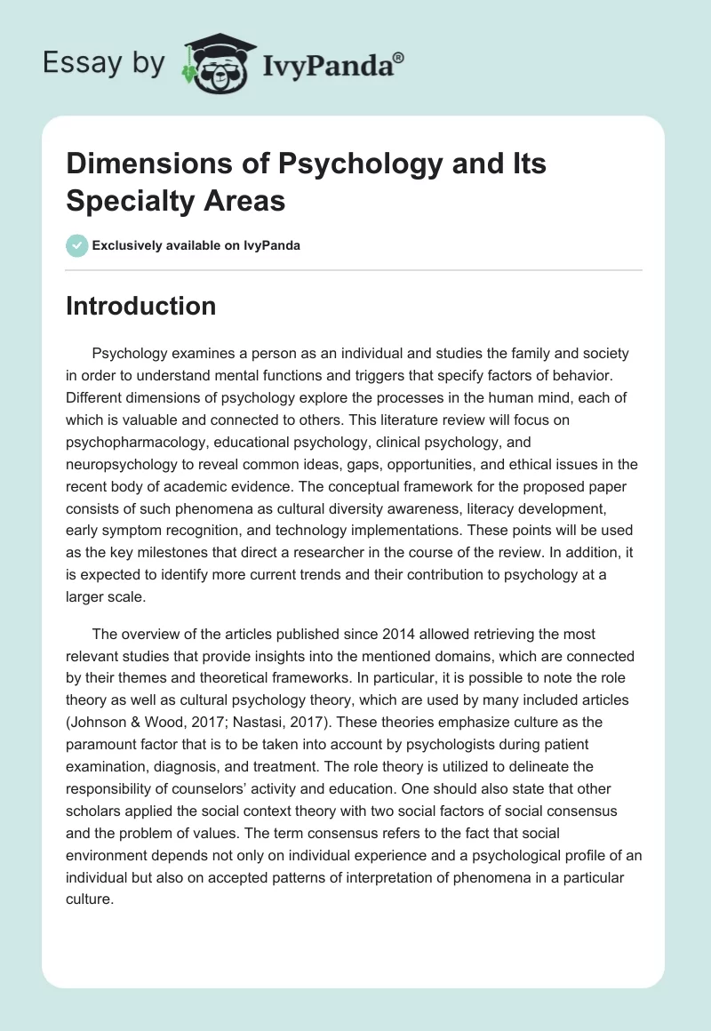 Dimensions of Psychology and Its Specialty Areas. Page 1