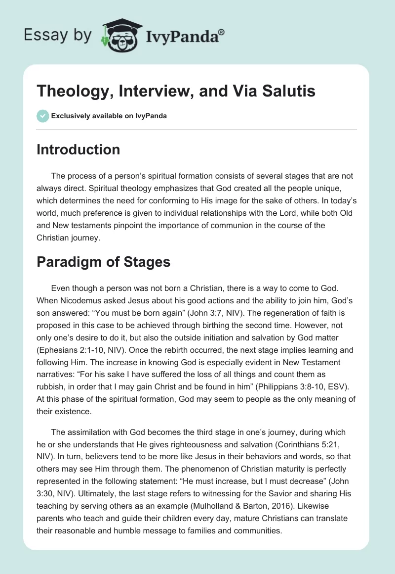 Theology, Interview, and Via Salutis. Page 1