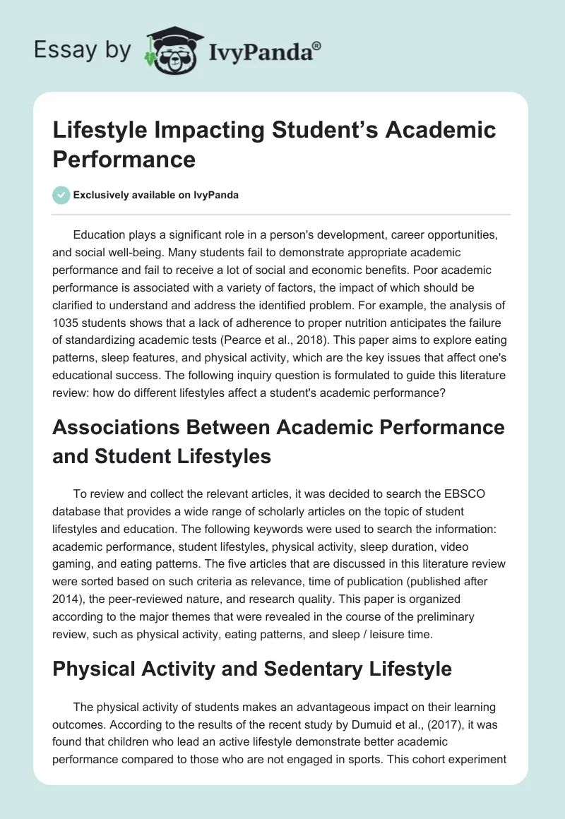 Lifestyle Impacting Student’s Academic Performance. Page 1