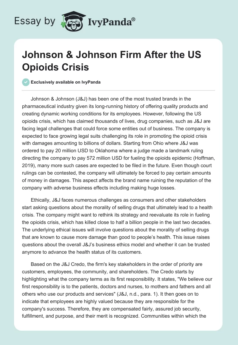 Johnson & Johnson Firm After the US Opioids Crisis. Page 1