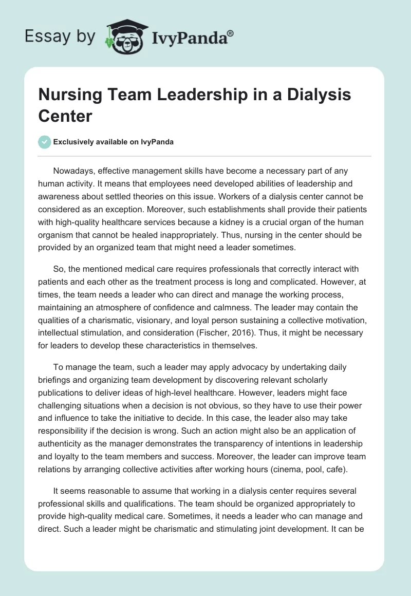 Nursing Team Leadership in a Dialysis Center. Page 1
