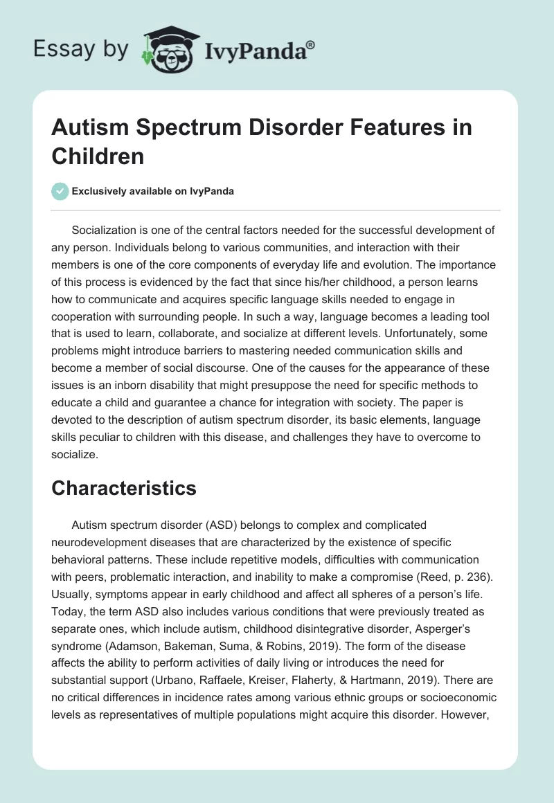 Autism Spectrum Disorder Features in Children. Page 1