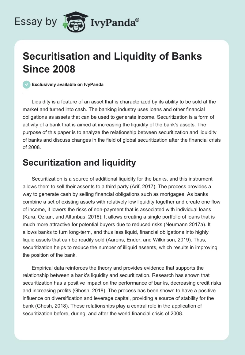 Securitisation and Liquidity of Banks Since 2008. Page 1
