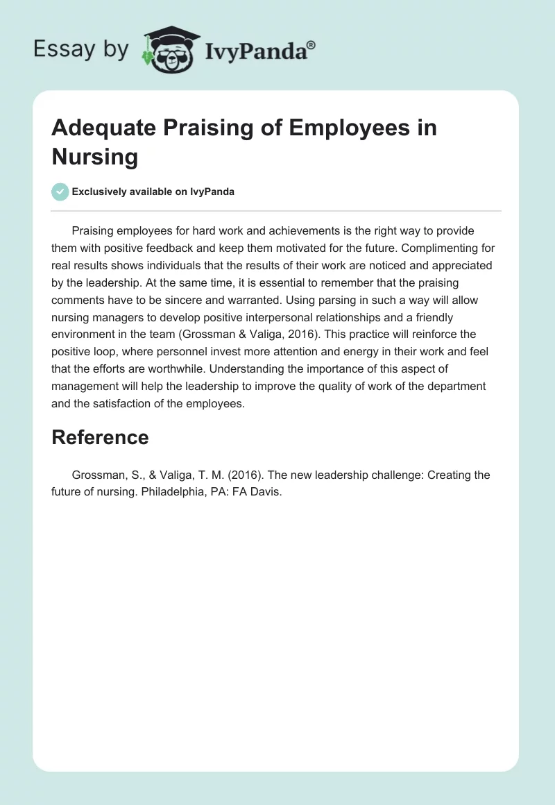 Adequate Praising of Employees in Nursing. Page 1