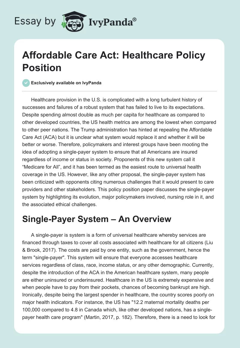 Affordable Care Act: Healthcare Policy Position. Page 1