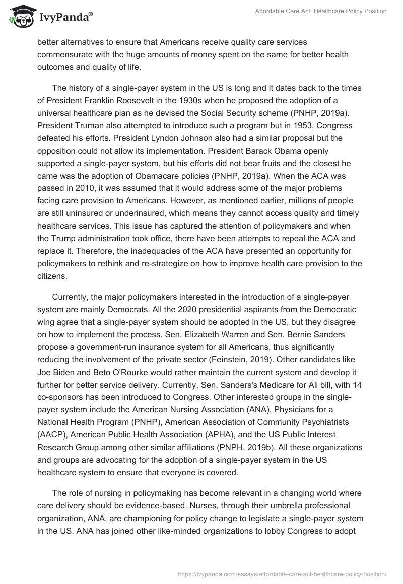 Affordable Care Act: Healthcare Policy Position. Page 2