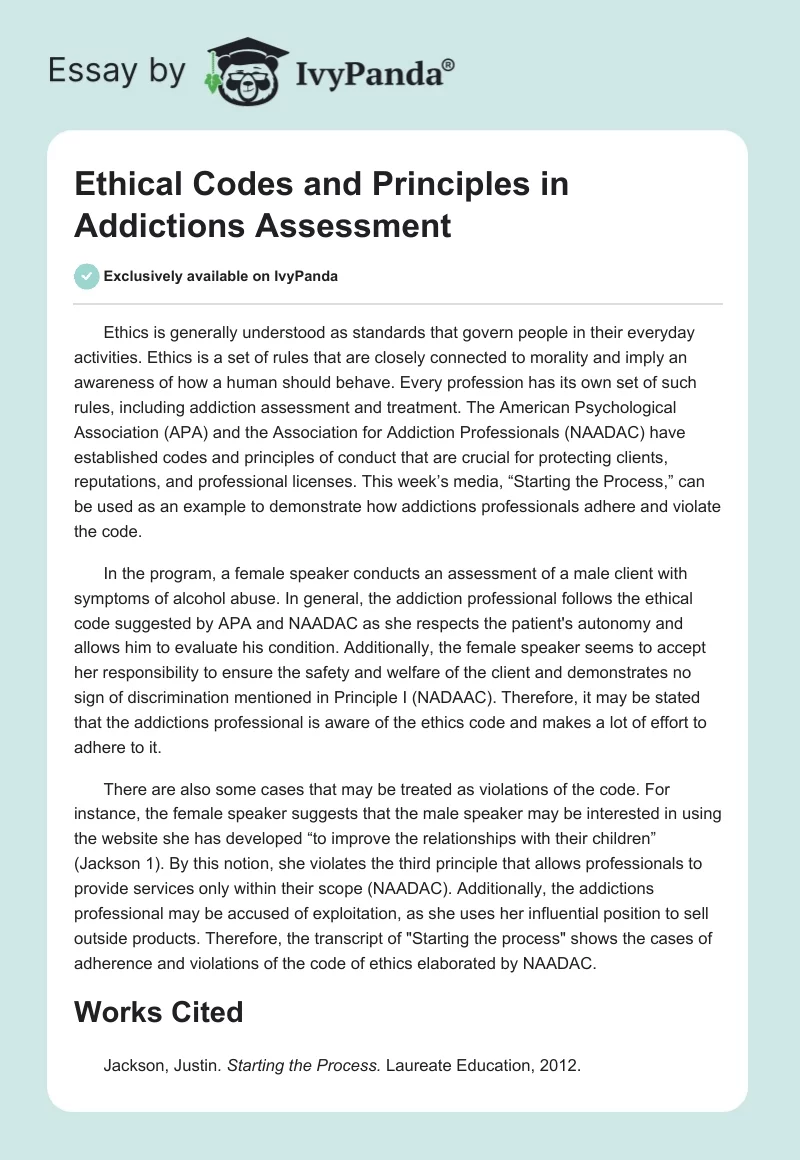 Ethical Codes and Principles in Addictions Assessment. Page 1