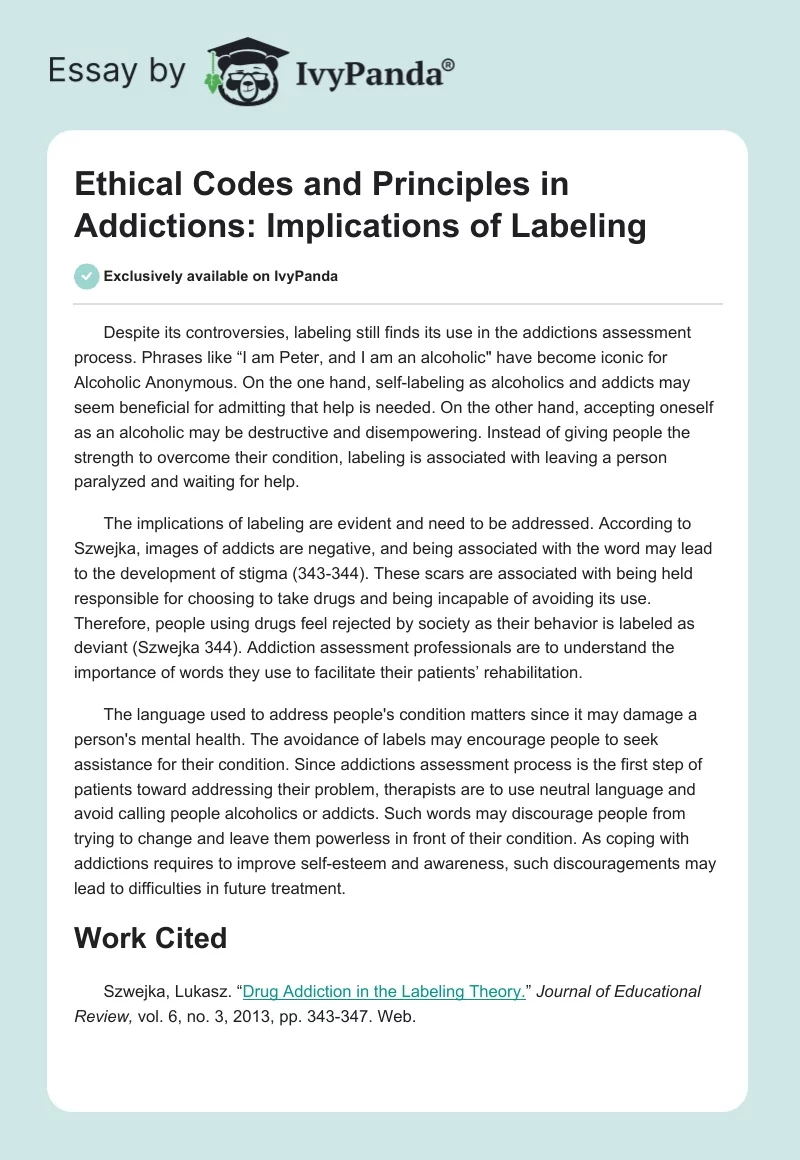 Ethical Codes and Principles in Addictions: Implications of Labeling. Page 1