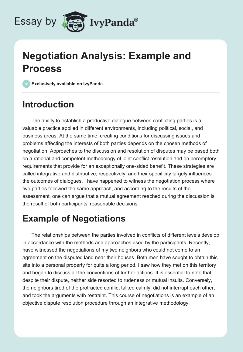 Negotiation Analysis: Example and Process. Page 1