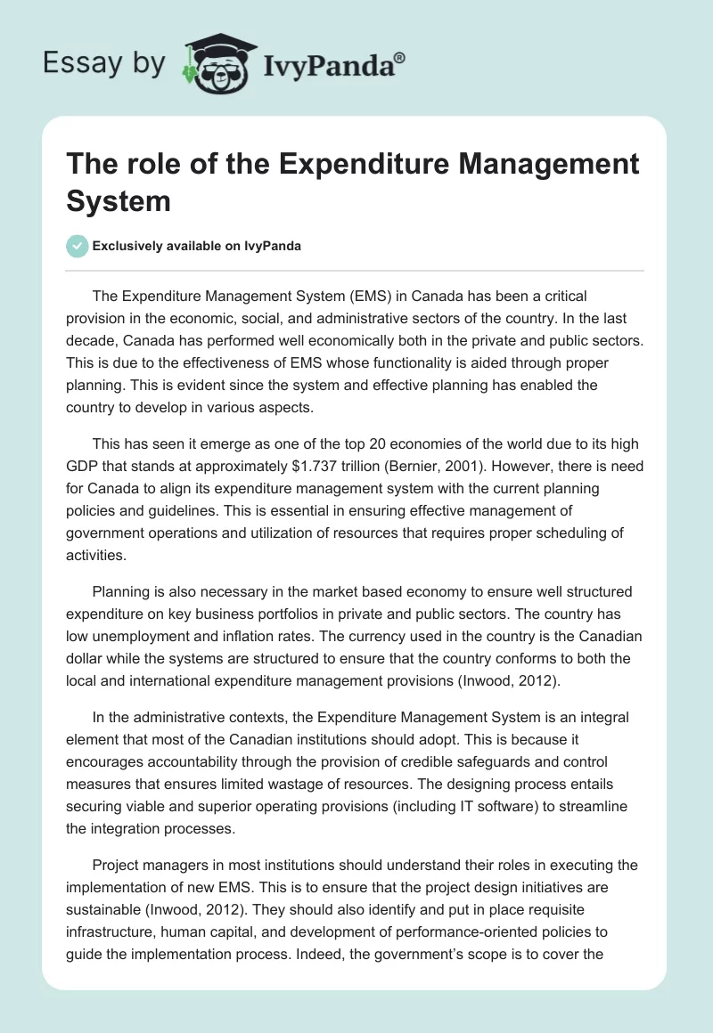 The role of the Expenditure Management System. Page 1