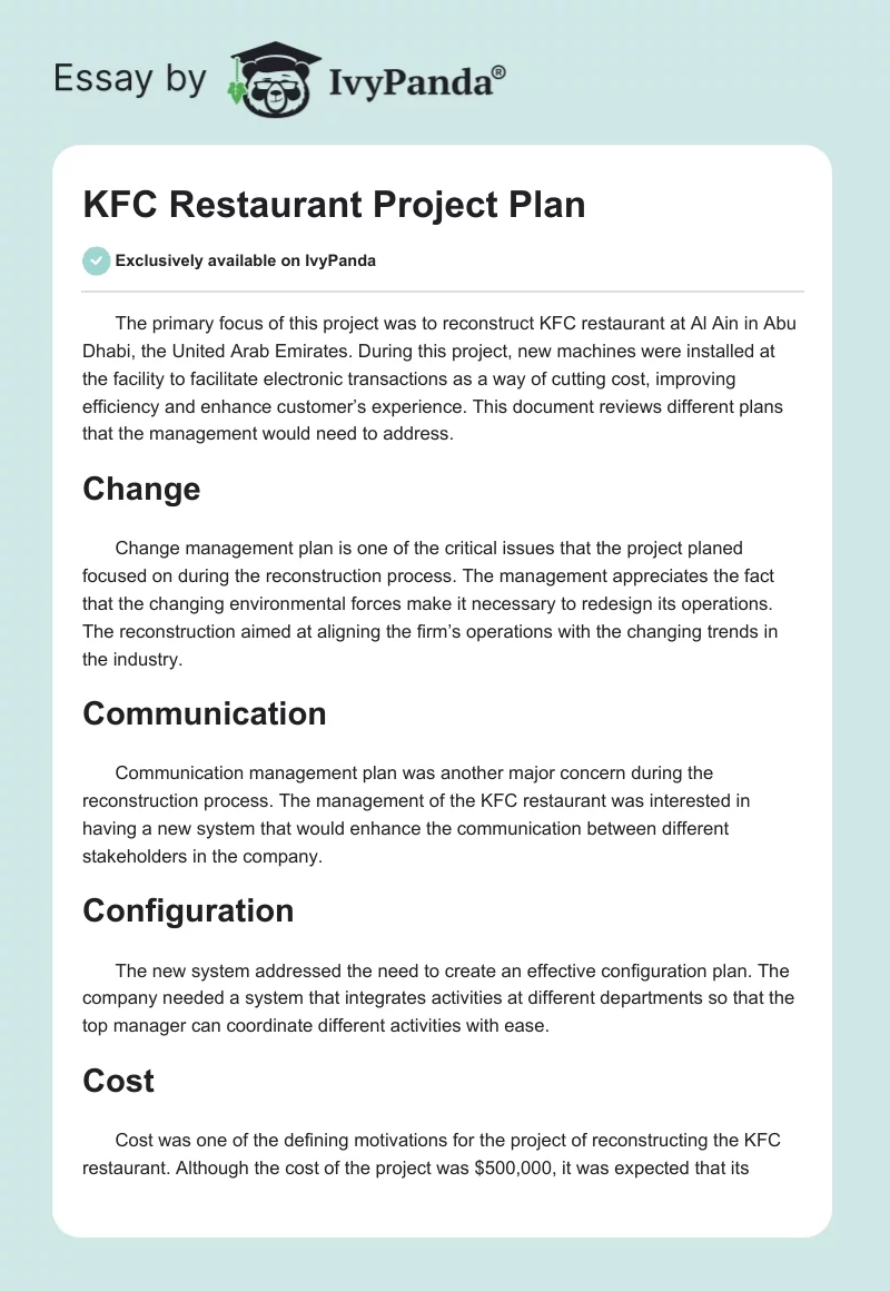 KFC Restaurant Project Plan. Page 1